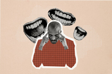Composite photo collage of sad american man headache mouth scream hate bullying racism problem...
