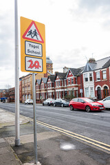 Road signs indicating the new 20 MPH speed limit in residential area's in Wales, UK