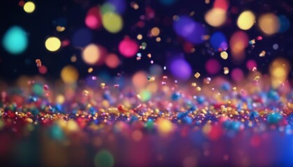 'slowly sparkles liquid dark blue multicolored confetti float cloud fly bokeh background. Beautiful light effects particles air glowing particle abstract many-coloured glistering sparkle backgrou'