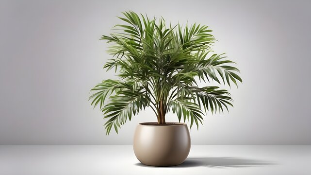 A photorealistic depiction of a tropical house parlor palm plant in a modern pot or vase, isolated on a transparent background. The image should focus on capturing the realistic details of the plant's