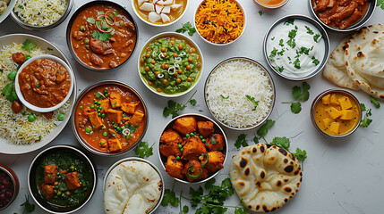 Indian ethnic food buffet on white concrete table from above curry, samosa, rice biryani, dal,...