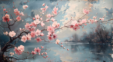 Springtime Melody: Artistic Oil Painting of Cherry Blossom-Strewn Scene