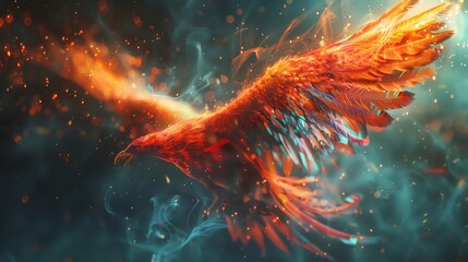 Paint ethereal phoenixes soaring through virtual reality simulations, intertwining with augmented reality projections Experiment with distorted perspectives to highlight their fiery plumage against th