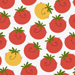 Seamless pattern with a variety of colorful vegetables. Cheerful tomato with a smiling face. Multicolor rainbow cartoon characters in funny children doodle style.