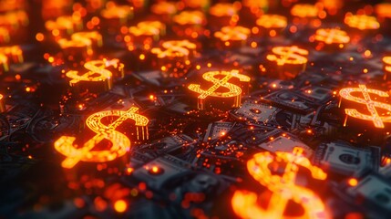 neon dollar signs floating in the air, black background 