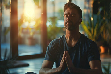 Adult man sitting and meditating with eyes closed. Blurred yoga studio on background. - obrazy, fototapety, plakaty