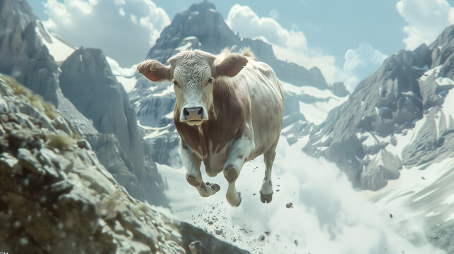 Flying cow above snowy mountains.