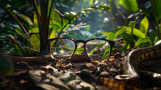 High-resolution image of a pair of glasses in a forest full of venomous creatures like spiders and snakes. Sunlight. Contrast of glasses and dangerous forest.