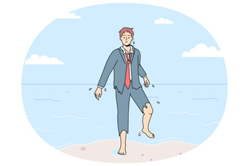 Confused businessman in torn suit walk out of ocean into beach. Frustrated male employee save after crash walk to seashore. Vector illustration.