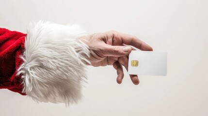 santa claus arm with hand holding a blank white credit card, on white background, mockup