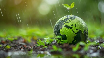 save the green planet concept with green Earth globe, raining, small plants