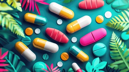 Assortment of Pills and Medications on a Blue Background - obrazy, fototapety, plakaty