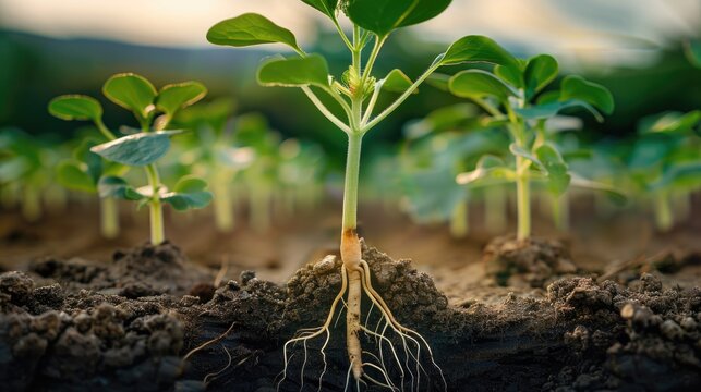 Young Plants Growing with Visible Roots in Soil