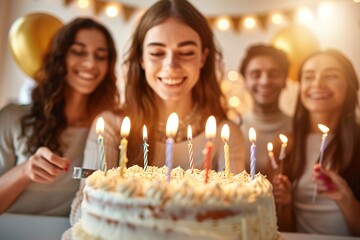 A group of friends celebrating a birthday with a cake and lit candles.