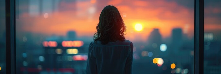 Silhouette of a Woman Against Sunset Sky - obrazy, fototapety, plakaty