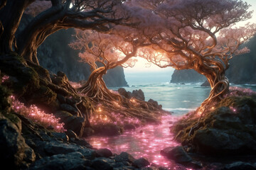 The healing waters of the ocean infused with energy from sacred trees. - obrazy, fototapety, plakaty