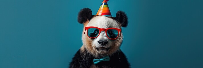 Celebratory Panda with Party Hat and Bow Tie