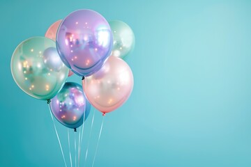 Bunch of shiny balloons on a blue background with ample space for text.