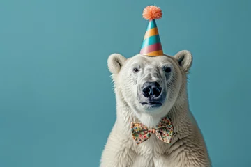 Plexiglas foto achterwand Polar Bear Celebrating with Party Hat and Bow Tie © Ivy