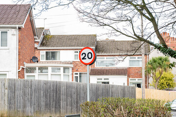 Road signs indicating the new 20 MPH speed limit in residential area's in Wales, UK - obrazy, fototapety, plakaty