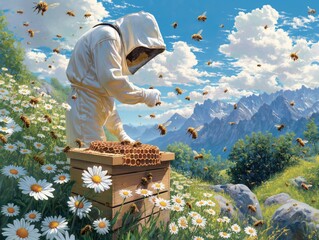 A man in a beekeeper suit is tending to a hive of bees. The scene is set in a field of flowers, with mountains in the background - obrazy, fototapety, plakaty