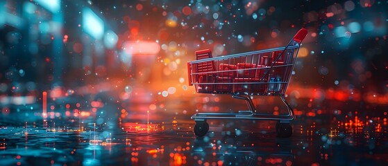 Futuristic online shopping trolley filled with goods against hightech background. Concept Online Shopping, Futuristic Technology, High-Tech Background, Shopping Trolley, Digital Commerce - obrazy, fototapety, plakaty