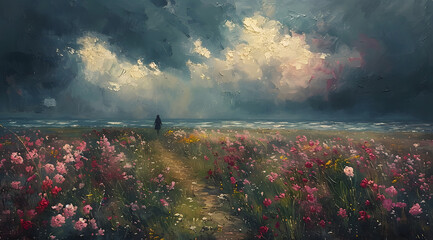 Storm's Embrace: Artistic Oil Painting of Flowers Amidst Rolling Storm Clouds