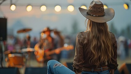 Cowgirl enjoying live country music at festival. Concept Country Music Festival, Cowgirl Fashion, Live Entertainment, Western Theme, Festival Vibes - obrazy, fototapety, plakaty
