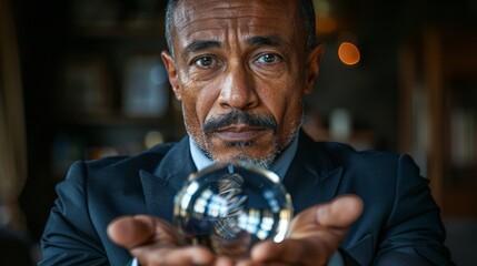 Foretelling the future with a glass ball by a businessman. - obrazy, fototapety, plakaty