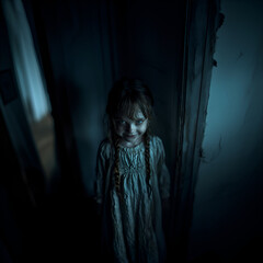 terrifying little girl facing, horror and dark mood, smiling, she's the daughter of evil