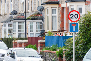 Road signs indicating the new 20 MPH speed limit in residential area's in Wales, UK