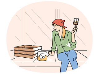 Smiling woman painting wooden box outside of house on terrace. Happy girl renovate decoration engaged in DIY process. Hobby and redecoration. Vector illustration.