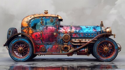 Steampunk retro car on a gray background