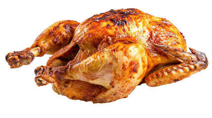 A beautifully roasted chicken with crispy golden-brown skin, vibrant and appetizing, floating against a clean white background