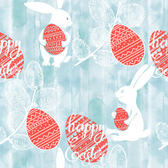 Easter background. Vector. Seamless pattern with Easter eggs , cute rabbits and willow branch  on blue watercolor.  Perfect for design templates, wallpaper, wrapping, fabric and textile, print, invita