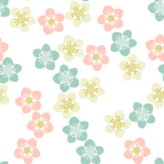 Colorful flowers on white.  Seamless pattern. Simple vector illustration.  Perfect for wallpaper, wrapping, fabric and textile, invitation, card, tile, print.
