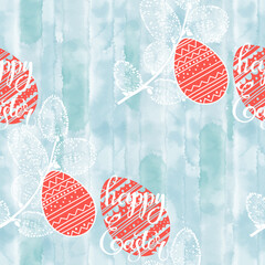 Happy Easter. Easter background with willow branch and festive egg  on blue watercolor. Vector hand drawn illustration. Perfect for design templates, wallpaper, wrapping, fabric and textile, print, in