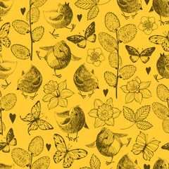 Spring seamless pattern with flowers, butterflies, and cute chickens on a yellow background. Hand drawn cute cartoon illustration. Vector.  Perfect for wallpaper, wrapping, fabric, invitation, card, p