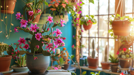 Fototapeta na wymiar Easter Cactus plant in a cozy indoor setting, its cascading branches adorned with a plethora of vibrant blooms, bringing a touch of color and cheer to any space with its radiant beauty.