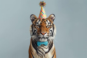 Birthday Tiger with Party Hat and Bow Tie