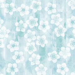 Abstract white flowers on blue watercolor. Hand drawn vector seamless pattern.  Art floral background. Perfect for design templates, wallpaper, wrapping, print, fabric and textile.
