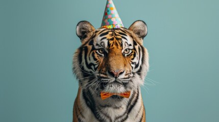 Celebratory Tiger Wearing a Colorful Birthday Cap