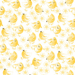 Chicks and flowers. Seamless pattern. Hand drawn cute cartoon illustration. Vector.  Perfect for wallpaper, wrapping, fabric and textile, invitation, card, tile, print.