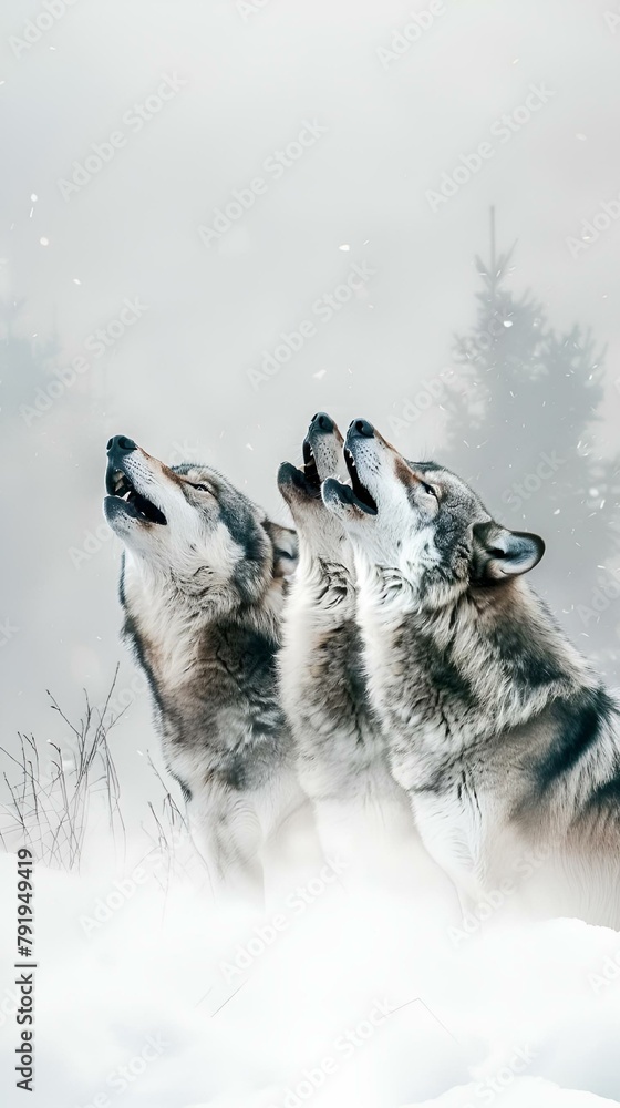 Sticker AI generated illustration of three wolves howling in snow near pine forest