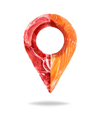 Location symbol made of raw beef meat steaks and red fish slices