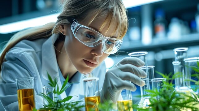 Doctor work in cannabis laboratory, medical CBD oils from marijuana plant, alternative herbal medicine concept, banner