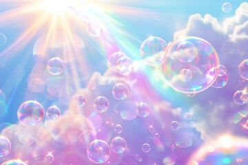 Soft, pastel colored clouds and shiny rainbow-colored soap bubbles dancing in summer, sunny sky. Iridescent translucent balls wallpaper.