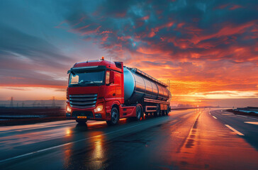 fuel truck with a large tank on a wide road at sunset