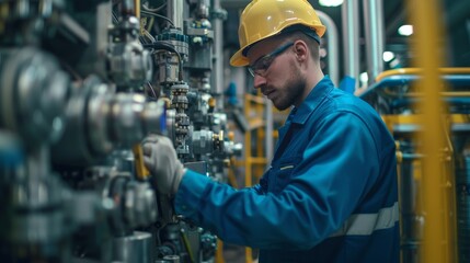man worker wearing safety goggles control lathe machine to drill components. Metal lathe industrial manufacturing factory