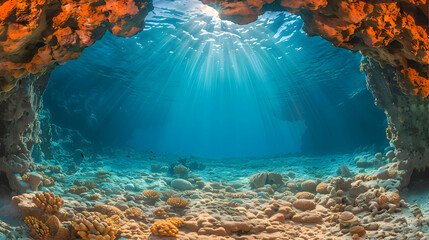 An undersea cave with light filtering through the water, using wide-angle photography to capture...
